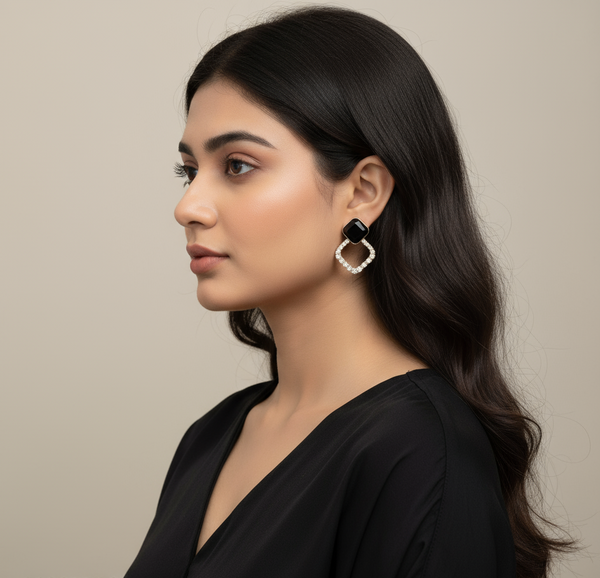 Black Glam Geo Drop Earrings – Modern Square Shine with Crystals Detailing | Heer Glam Jewellery
