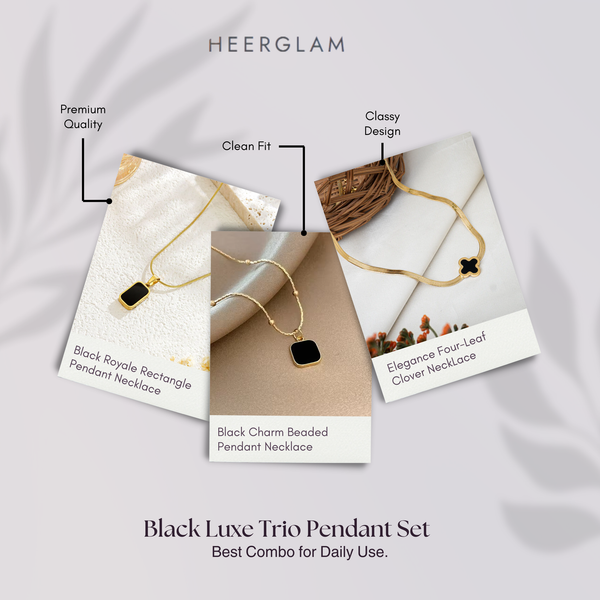 Black Luxe Trio Pendant Set – Rectangle, Square & Clover Charms | Heer Glam Jewellery