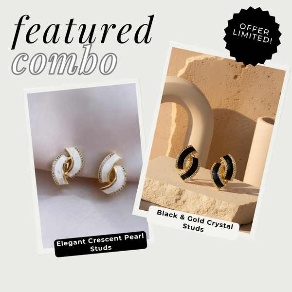 Monochrome Elegance Set – Pearl & Black Gold Stud Earrings Combo for Women | HeerGlam Jewellery