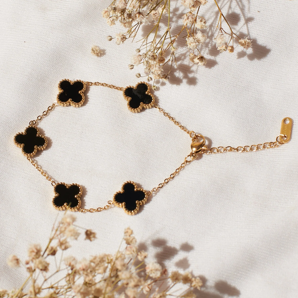 Midnight Clover Gold Bracelet – Bold Black Elegance by Heer Glam
